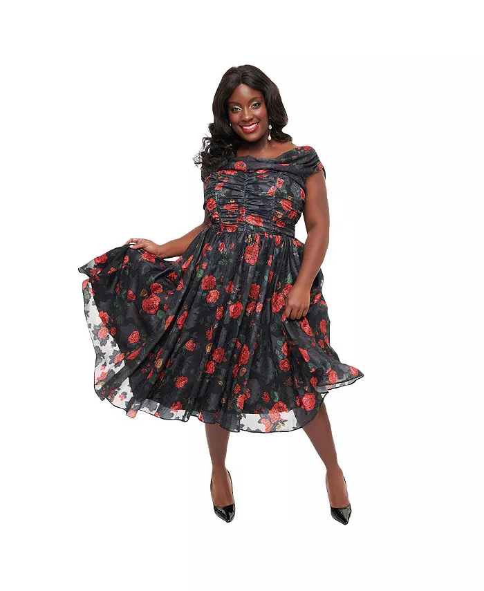 

Коктейльное платье больших размеров с открытыми плечами и оборками Unique Vintage, черный