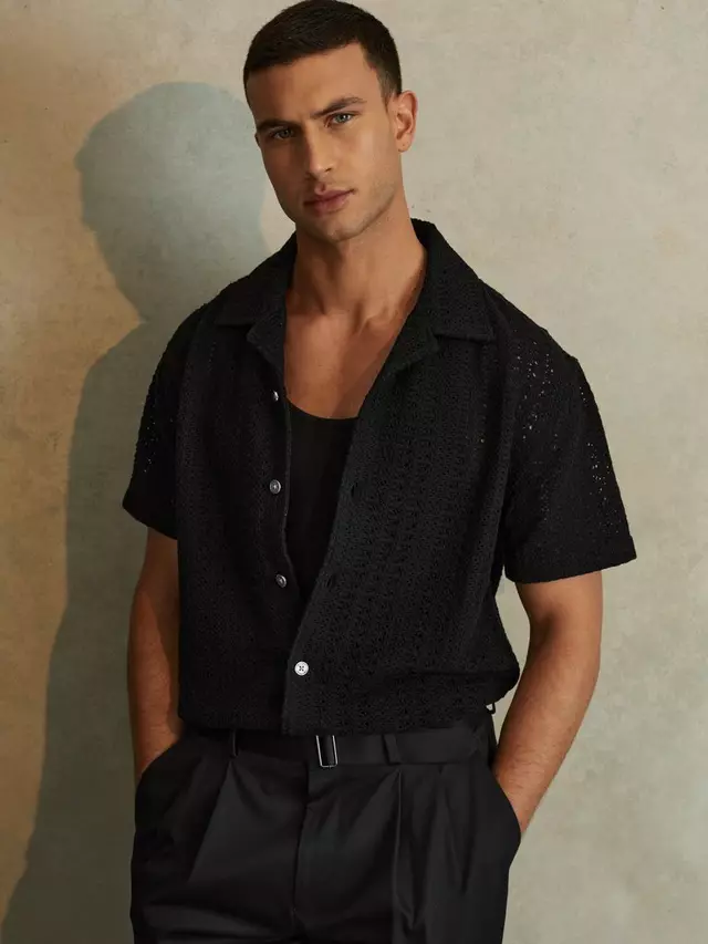 

Рубашка Reiss Paradise Cotton Crochet Cuban Collar, черный