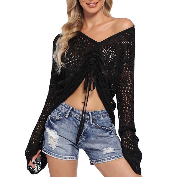 

Женский вязаный свитер с длинными рукавами и ажурной вязкой Seoria, Black