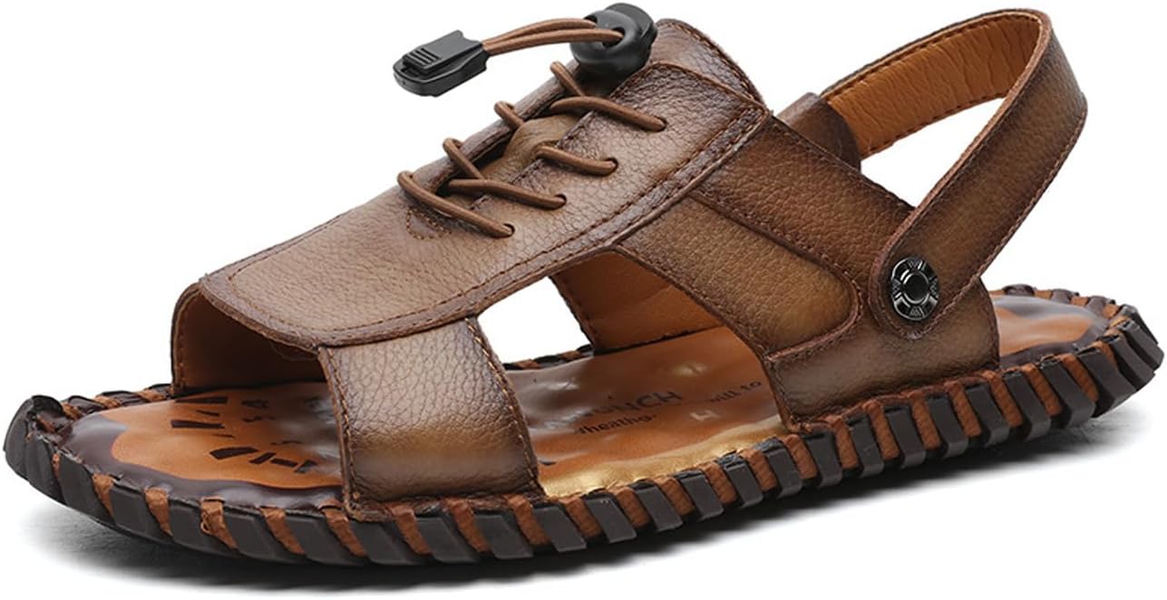 

Мужские сандалии ручной работы из кожи с эластичной застежкой без шнурков, двухфункциональные, с мягкой подошвой, противоскользящие, легкие и дышащие, для пляжа и прогулок Nouriron, хаки