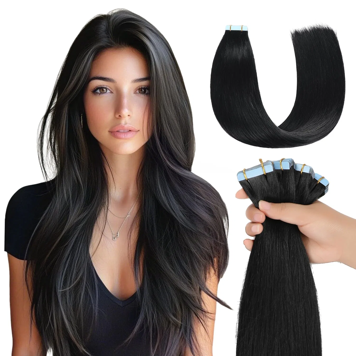 Накладные пряди на лентах из натуральных волос «Remy Hair» 40 см от MissMe Missme, #1 Deep Black
