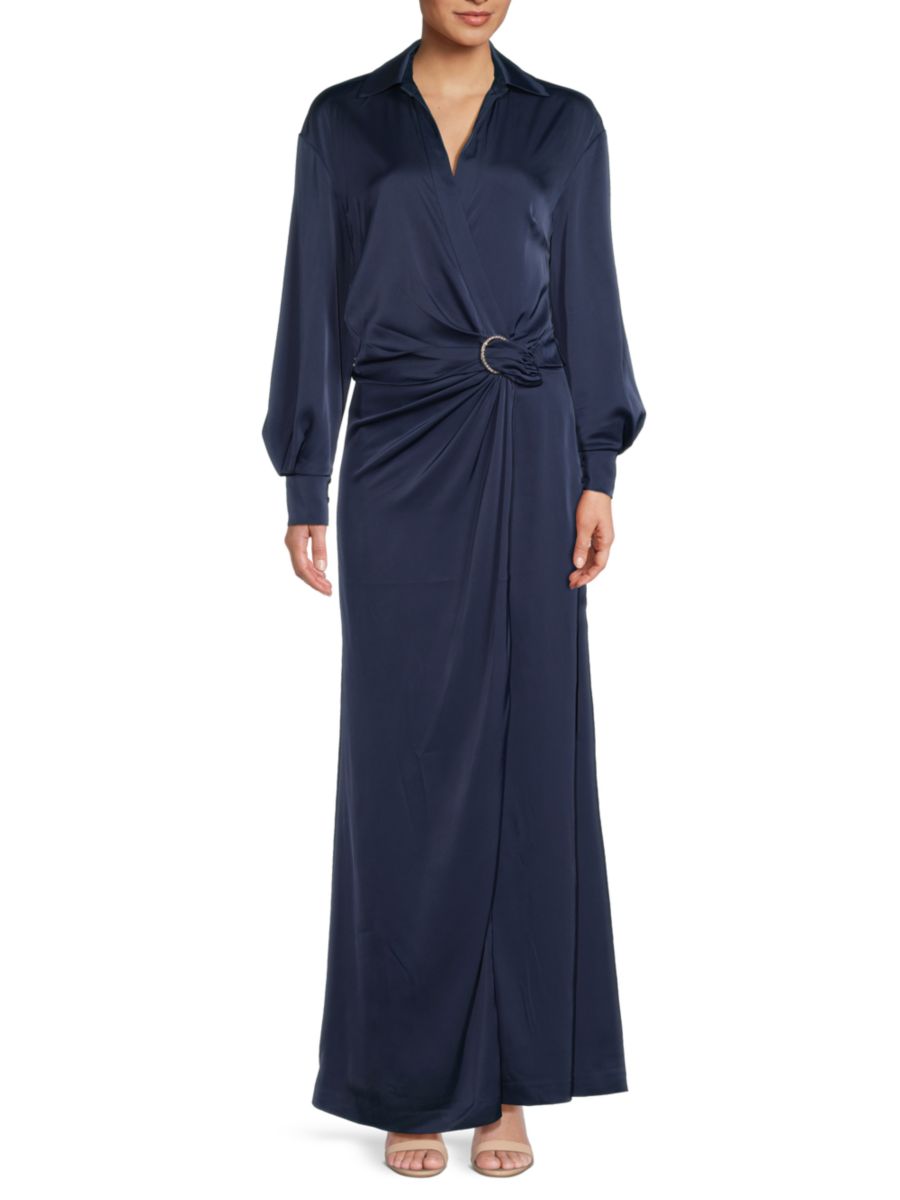 

Платье-халат Ivon Faux Wrap из сатина Halston, темно-синий