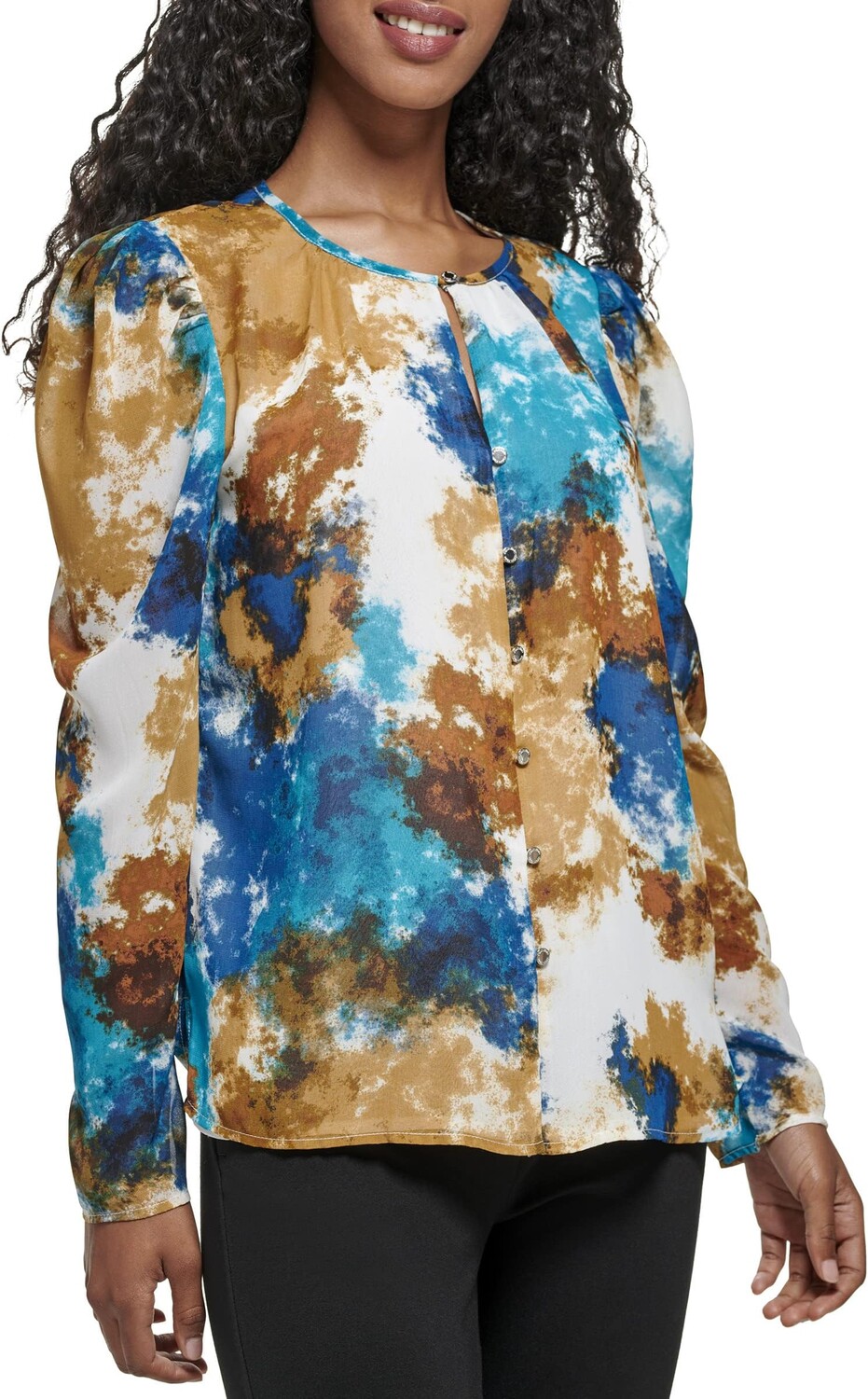 

Рубашка Calvin Klein Poof Shoulder V-Neck with Button, цвет Luggage Multi