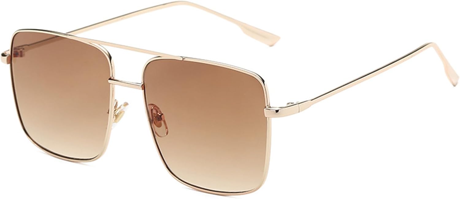 

Модные большие квадратные солнцезащитные очки для женщин и мужчин, с двойной перемычкой, металлической оправой и плоскими зеркальными линзами Bsreyeop, (Gold Frame/Gradient Brown Lens B2)