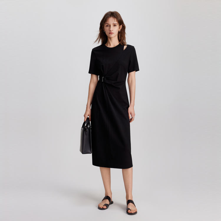 

ELLE Женское черное платье с коротким рукавом