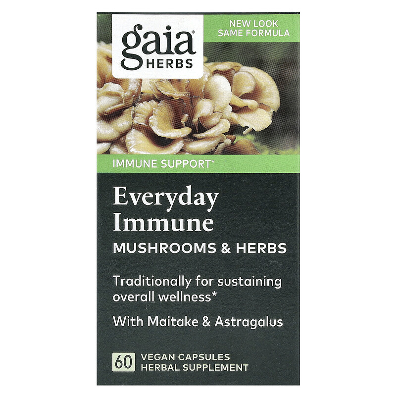 

Gaia Herbs, Everyday Immune, грибы и травы, 60 веганских капсул