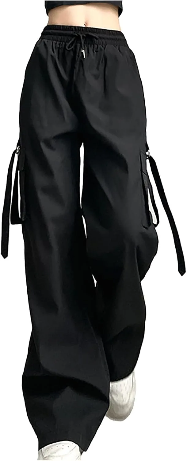 Женские прямые широкие брюки Parachute Cargo Pants Y2K для подростков в стиле стритвир с низкой посадкой, мешковатые на шнурке Generic, черный