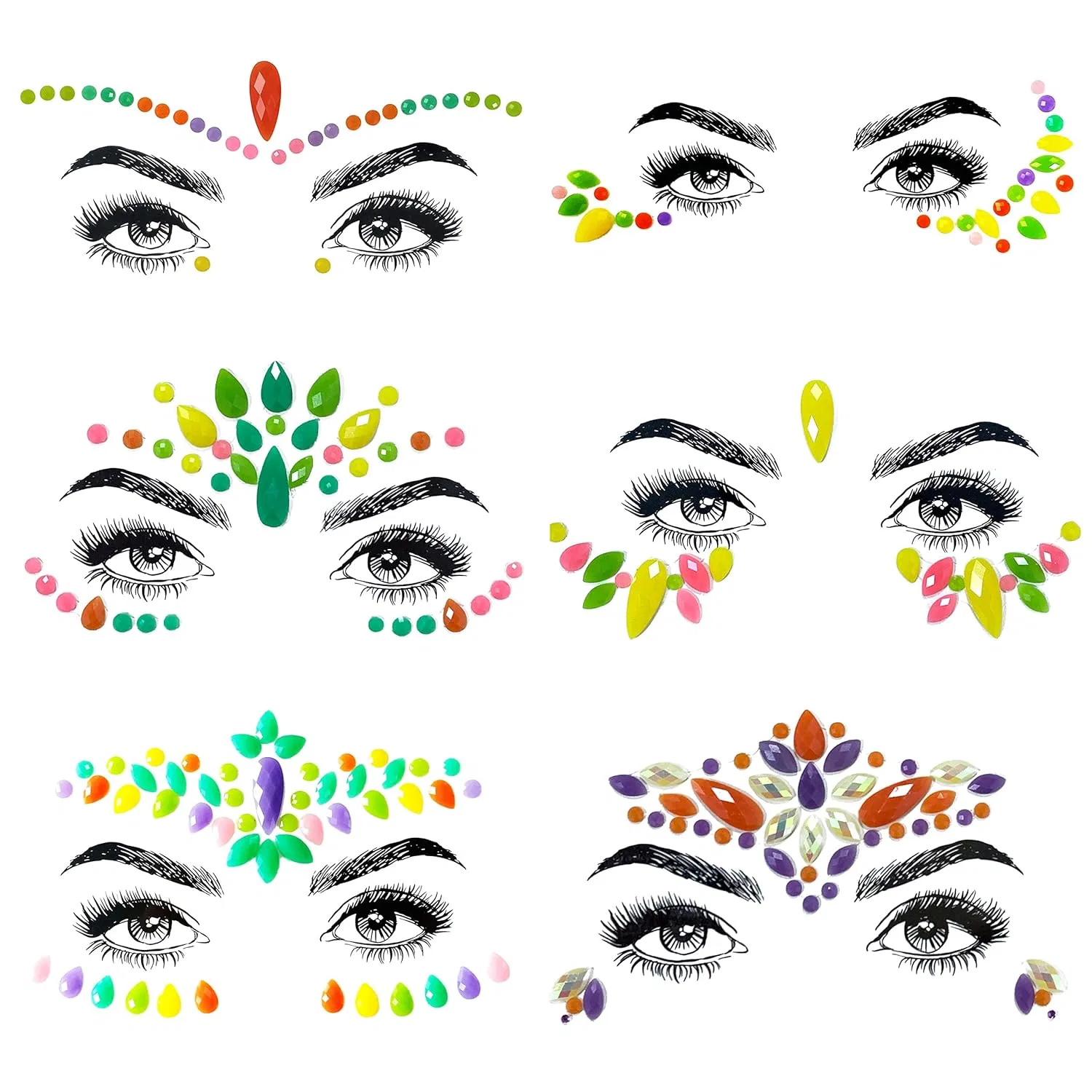 Набор временных татуировок для лица и тела из стразов Shineyes, 6 Pcs No.08