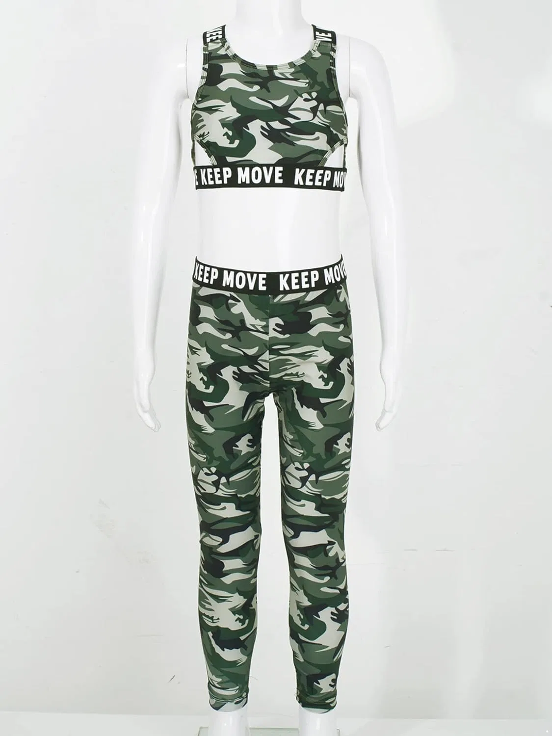 Детский спортивный костюм для девочек Mufeng, Camouflage Green, топ с вырезами и леггинсы — фото 3