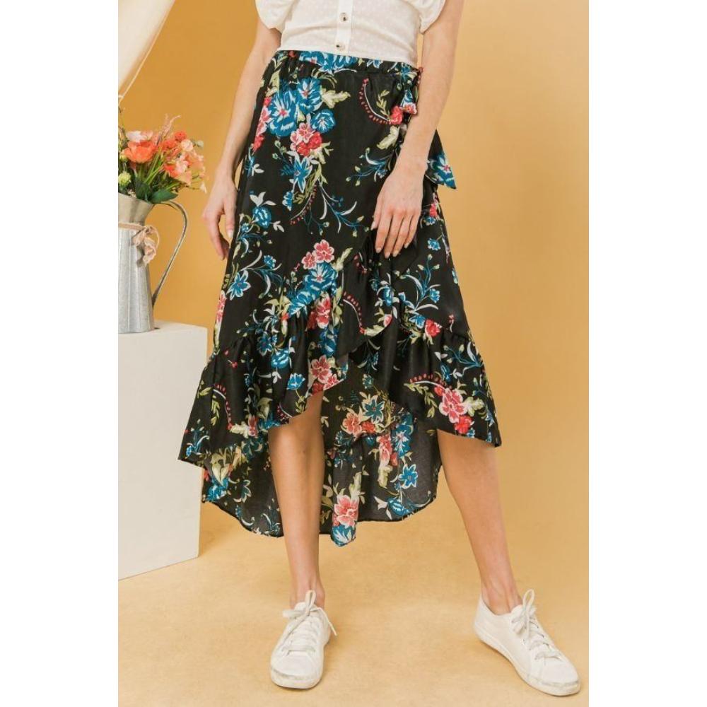 

Юбка с цветочным узором и оборками, асимметричная FASHNZFAB, черный