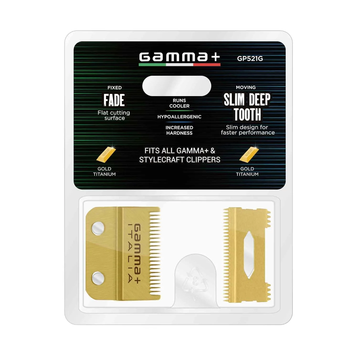 Сменные лезвия для машинки для стрижки волос GAMMA+ с фиксированным подвижным механизмом, покрытие Black Diamond Carbon DLC и золотистый титан., Gold — фото 2