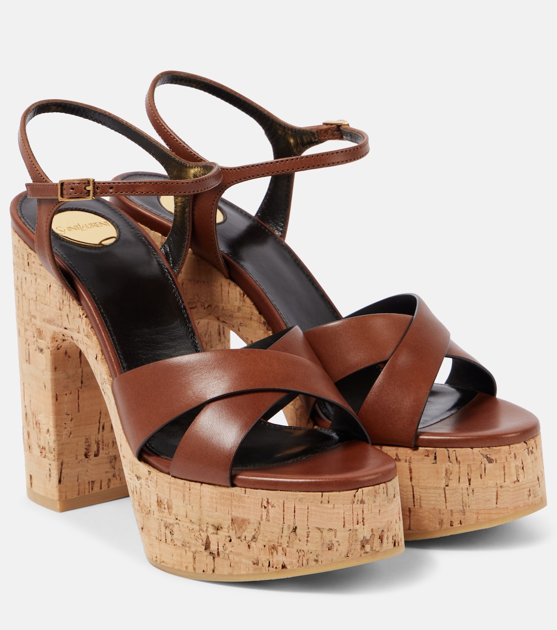 Бьянка 125 кожаные сандалии на платформе Saint Laurent, Bruciato/ Natural Cork