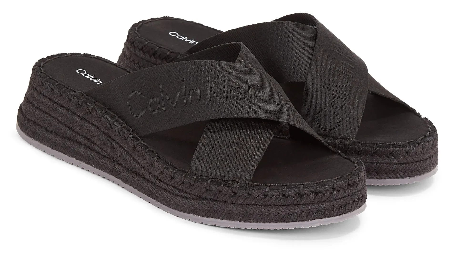 

Мюли Calvin Klein Jeans "SPORTY WEDGE ROPE SANDAL MR", каблук-танкетка, летняя обувь, тапочки с отделкой из рафии на подошве, черный