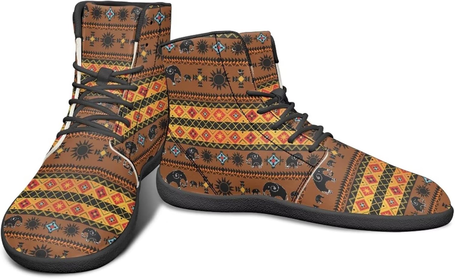 

Мужские кроссовки для бега с высоким верхом и этническим племенным дизайном, обувь для устойчивой стойки, с широкой носочной частью, спортивная и повседневная обувь Watdotory, Elephant Sun Geometrical Graphic Print