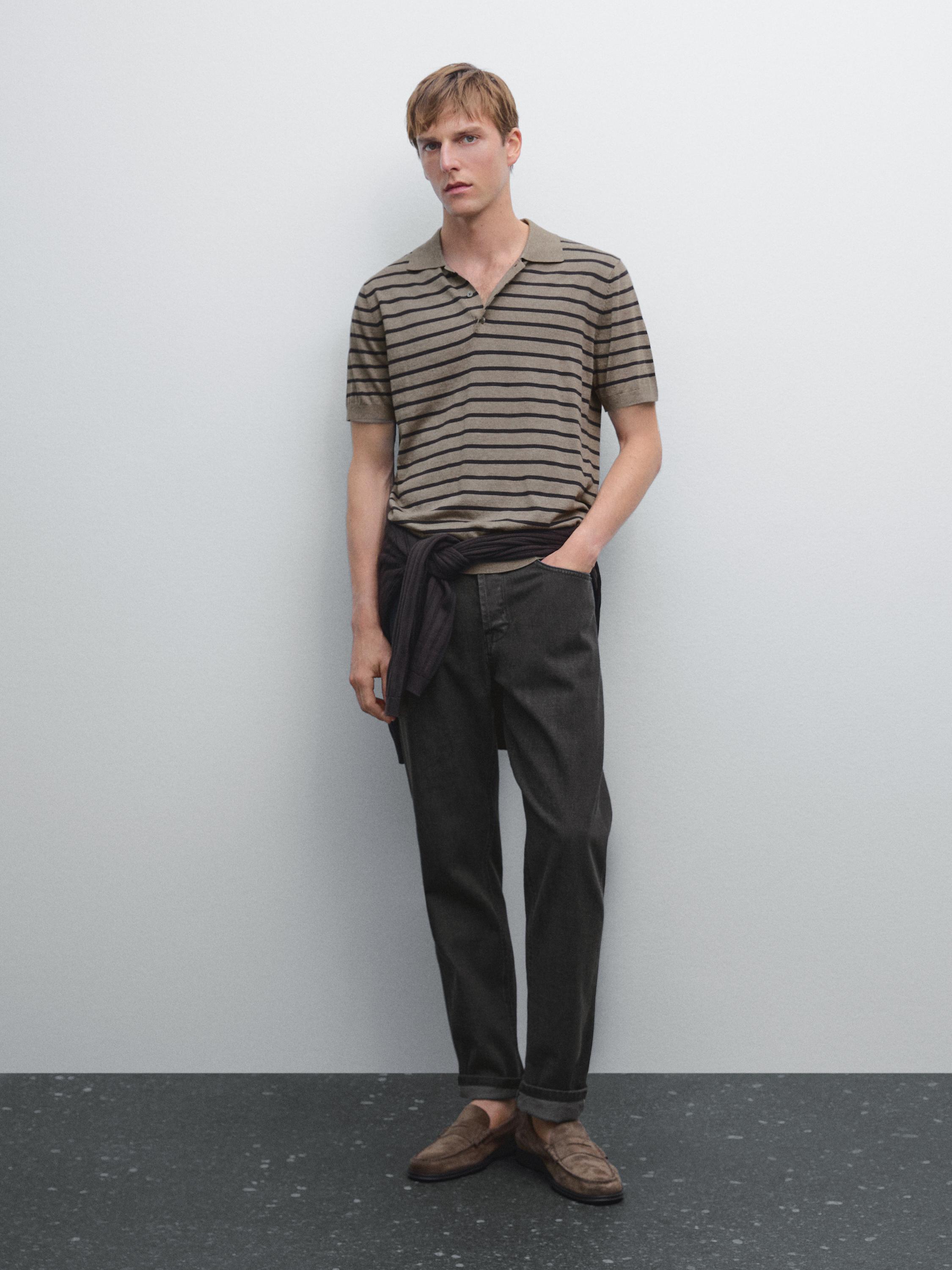 

Полосатая трикотажная рубашка-поло с короткими рукавами Massimo Dutti, хаки