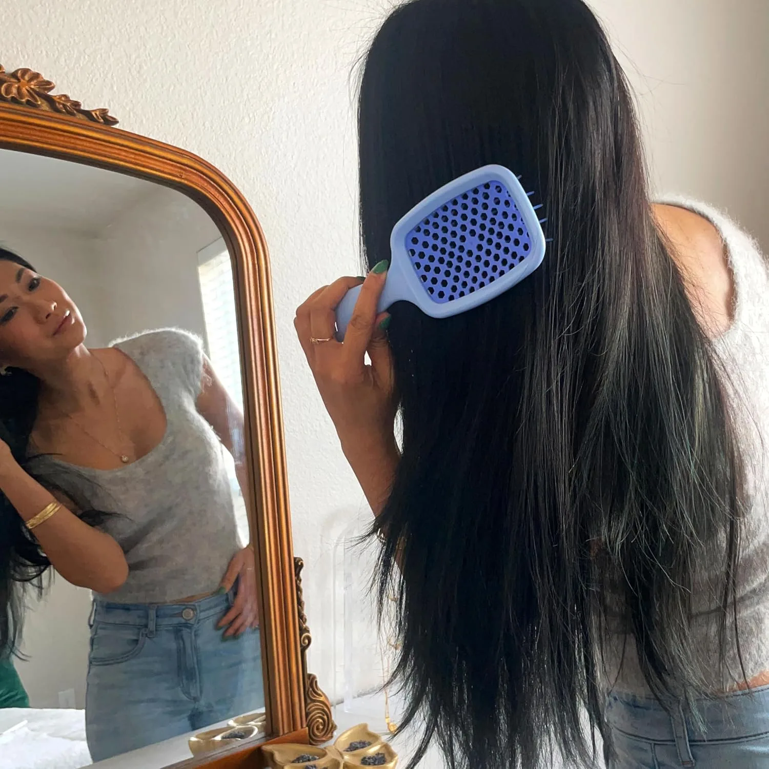 FHI Heat UNbrush Detangling Brush Combo Pack - оригинальная и мини UNbrush для всех типов волос, мокрых и сухих - DuoFlex антистатическая щетка, вентилируемая для безболезненного укладки, Periwinkle Light Blue — фото 3