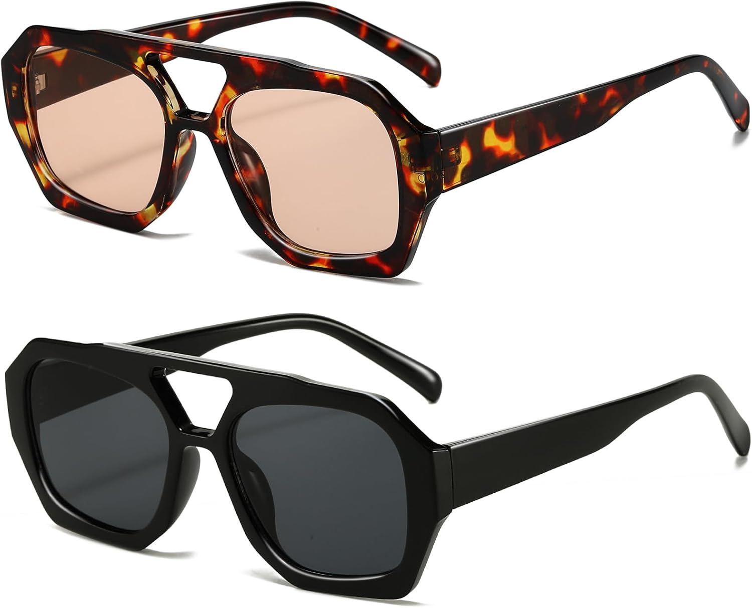 

Ретро-солнцезащитные очки-авиаторы для женщин и мужчин, модные в стиле 70-х, шестиугольные, квадратные, с двойной перемычкой, винтажные солнцезащитные очки Breaksun, 2 Pack (Tortoise/Light Brown+black/Grey)