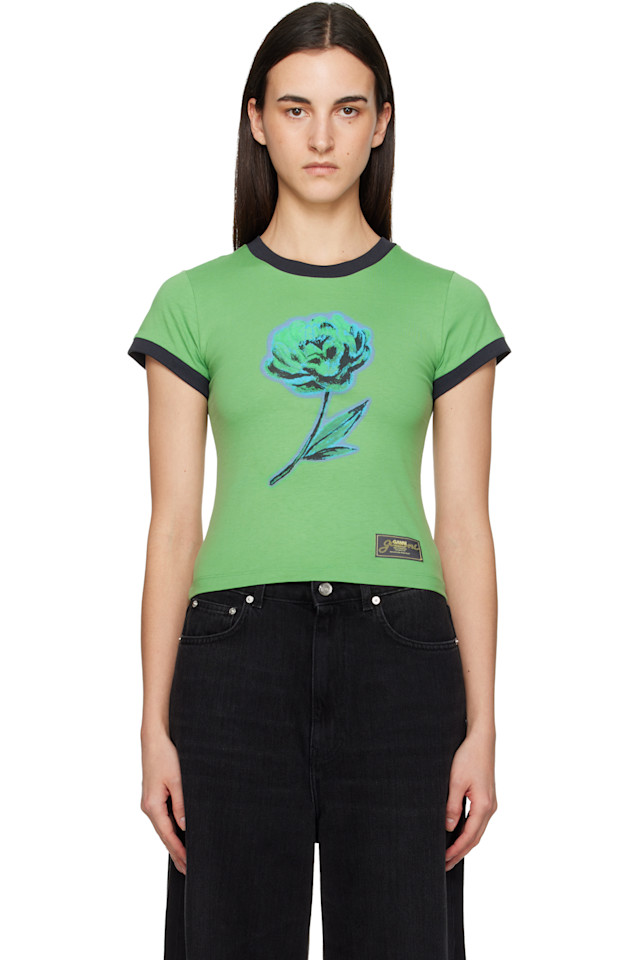 

Ganni Зеленая базовая хлопковая трикотажная футболка с пионами, детский крой