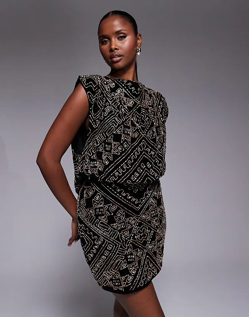 

Бархатное мини-платье с воротником-хомутом и отделкой по всей поверхности ASOS DESIGN черного цвета