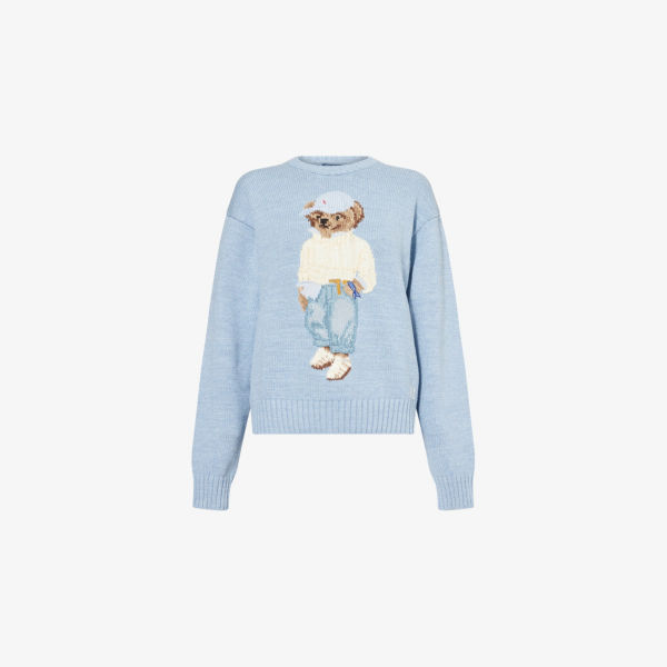 

Свитер круглый вырез с интарсией в виде медведя, хлопковый трикотаж Polo Ralph Lauren, цвет chambray marl