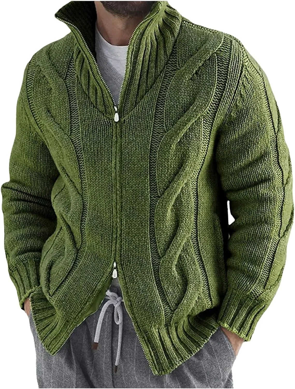 

Мужской кардиган на молнии с кабельной вязкой и лацканами