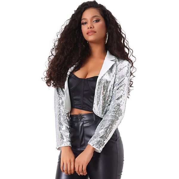 

Женская куртка-блейзер с пайетками и лацканами Allegra K, Silver