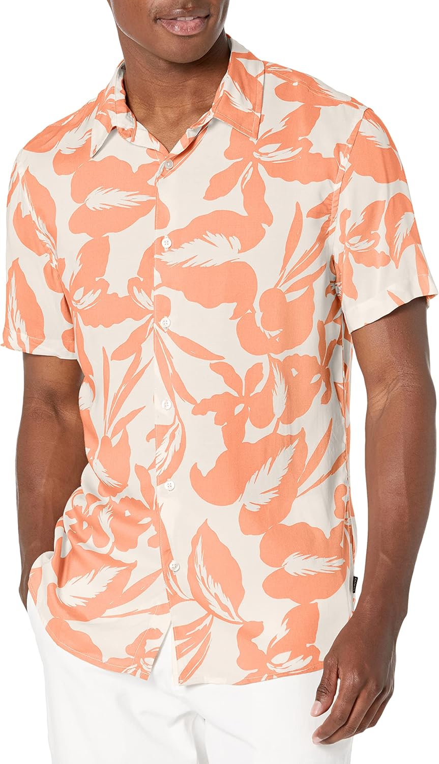 

Мужская рубашка GUESS с коротким рукавом из эко-вискозы в стиле ретро с пальмами, Retro Palm Peach