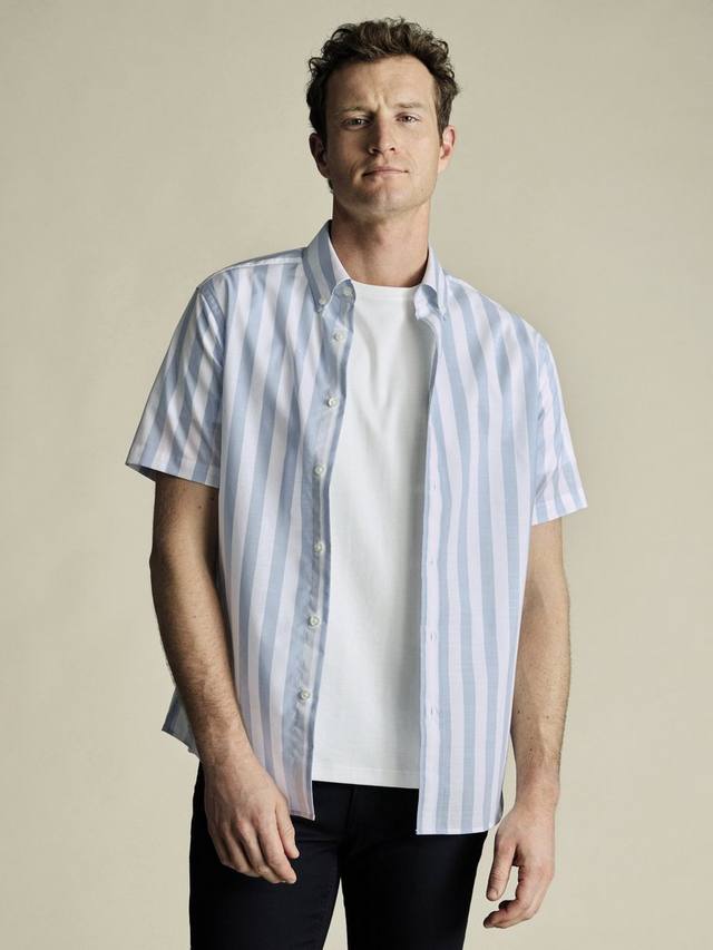 

Хлопковая полосатая рубашка с коротким рукавом Slim Fit и отложным воротником на пуговицах Charles Tyrwhitt, Sky Blue