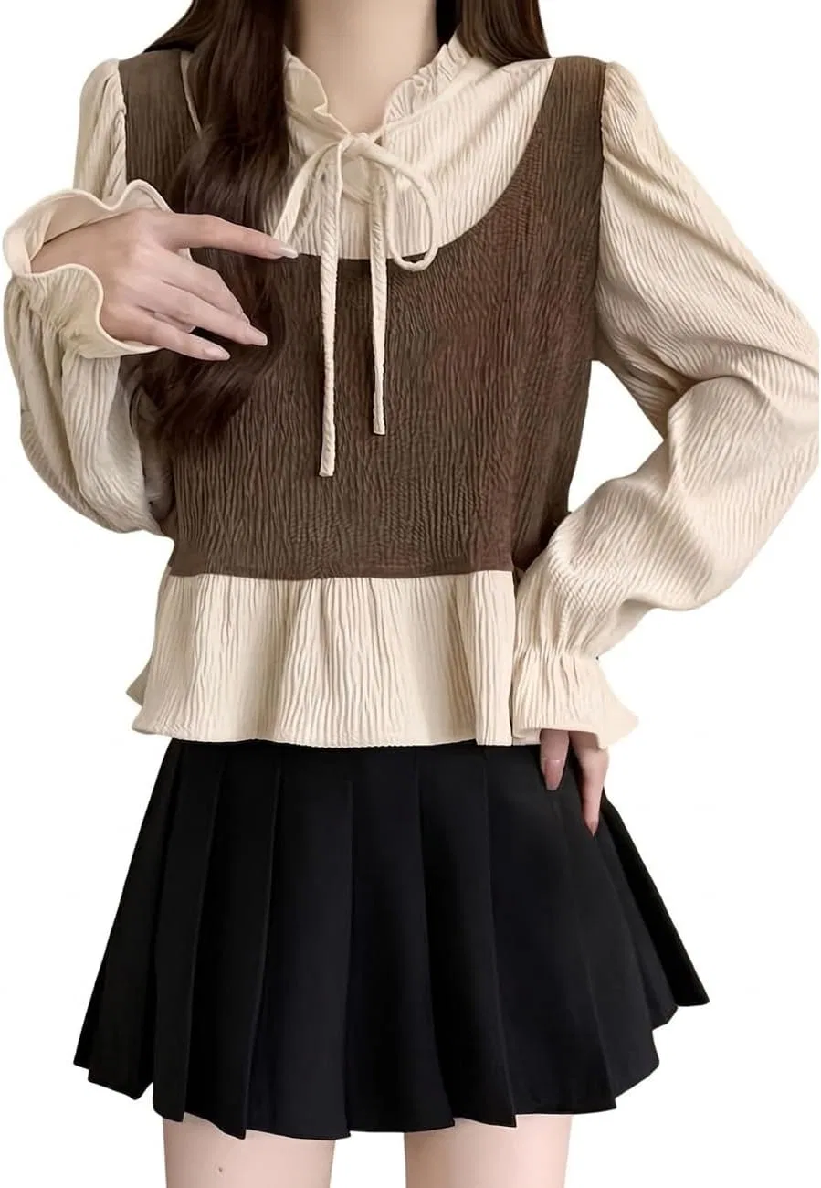 Блуза с фрильным воротником из коллекции French Vintage, кофейный