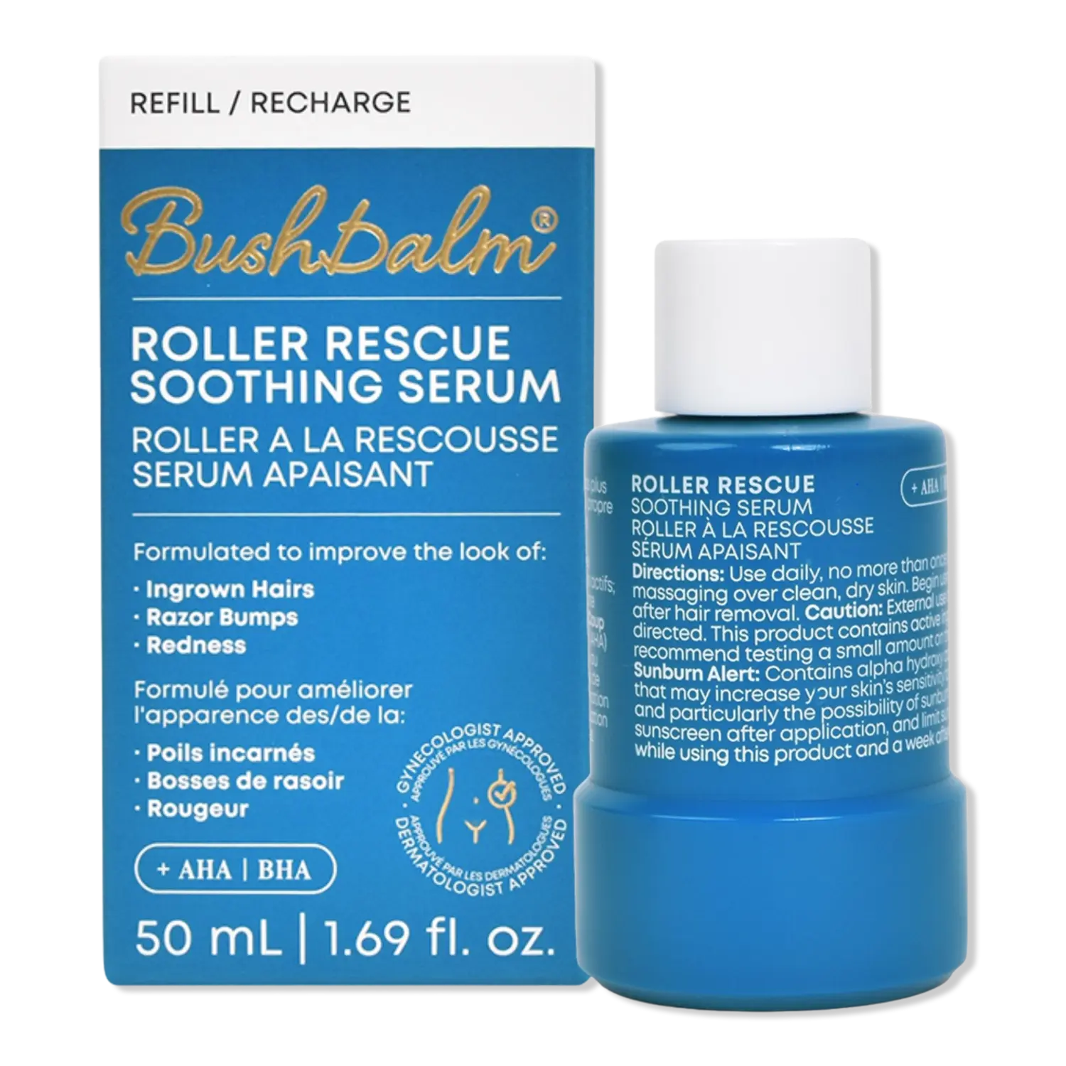 

Успокаивающая сыворотка Roller Rescue с AHA/BHA кислотами от вросших волос и раздражений. Bushbalm, Refill