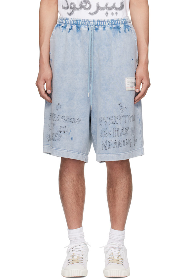 

Отбеленные шорты с граффити-принтом Sweat Maison Mihara Yasuhiro, синий