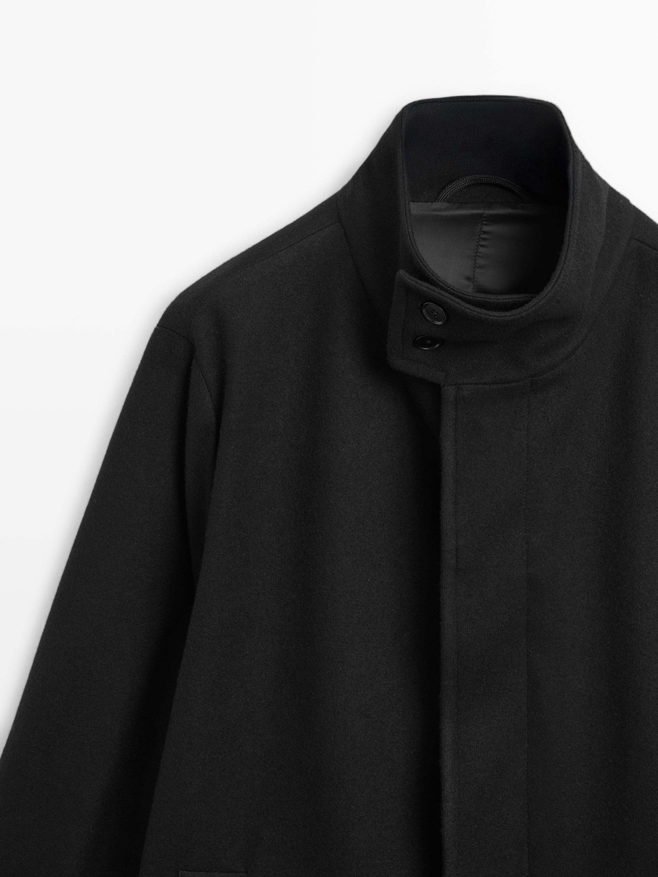 Длинное пальто из 100% шерсти с высоким воротником Massimo Dutti, черный — фото 4