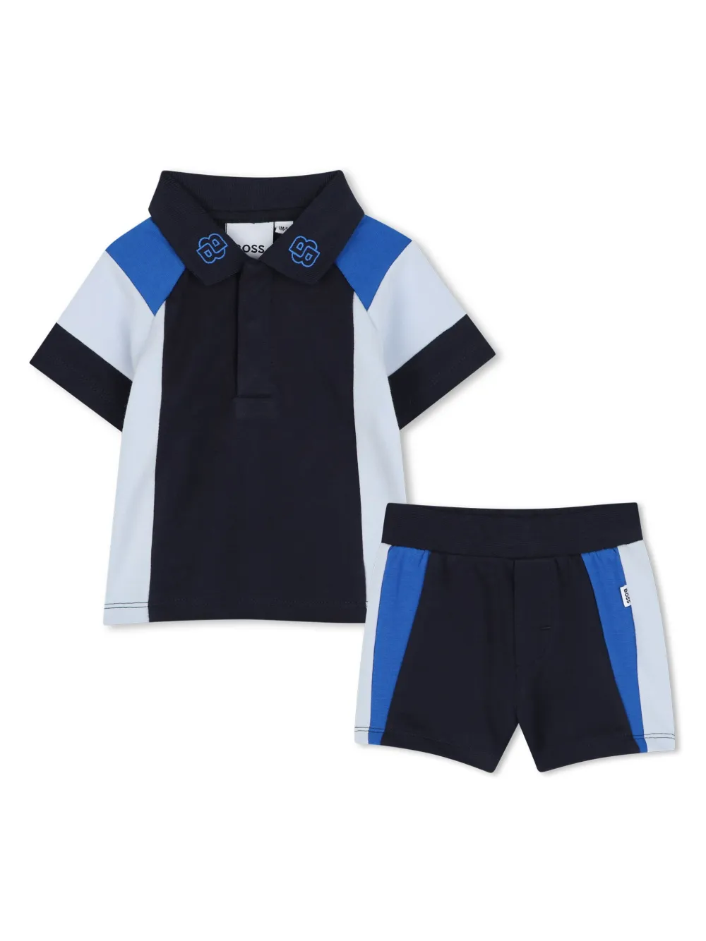 

Комплект из рубашки поло и шортов в стиле колор-блок BOSS Kidswear, синий