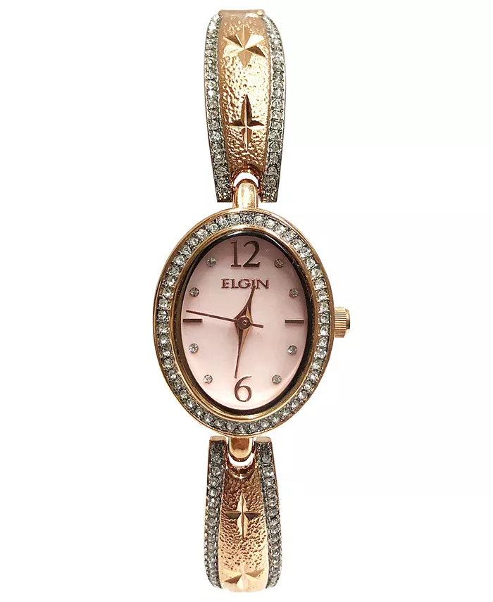 

Женские часы с овальным циферблатом и браслетом в виде полуманжеты с бриллиантами, розового оттенка Elgin