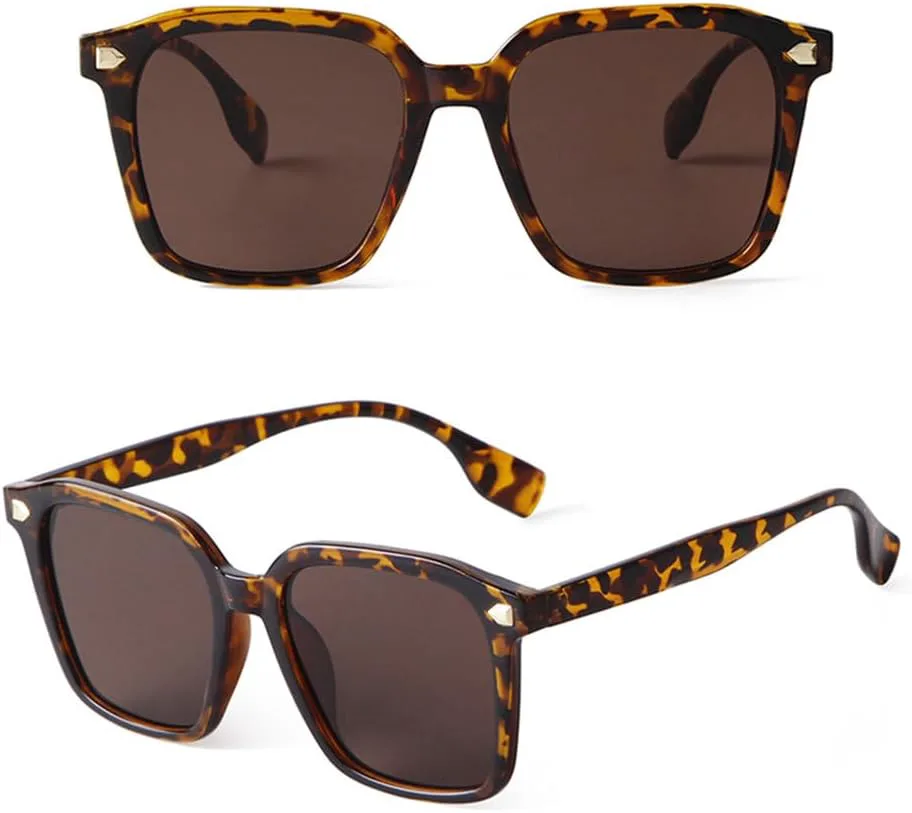 

LVTFCO Винтажные большие женские солнцезащитные очки с заклепками, прямоугольной оправой, модные мужские и женские, защита от УФ-излучения UV400, C3 Leopard