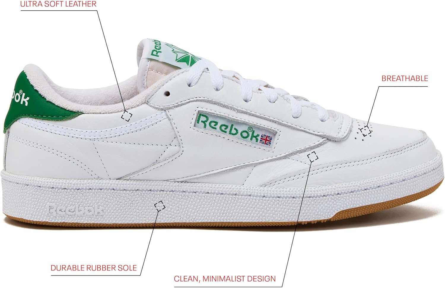 Мужские винтажные теннисные кроссовки Reebok Club C 85, белый/зеленый/коричневый — фото 2