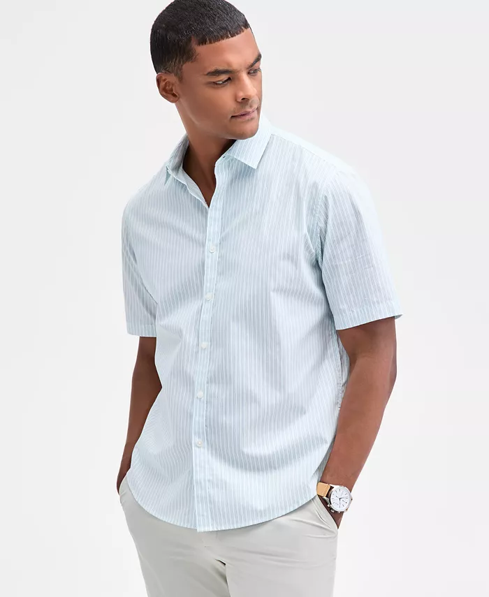 

Мужская короткая рубашка с коротким рукавом в полоску из поплина на пуговицах Alfani, синий