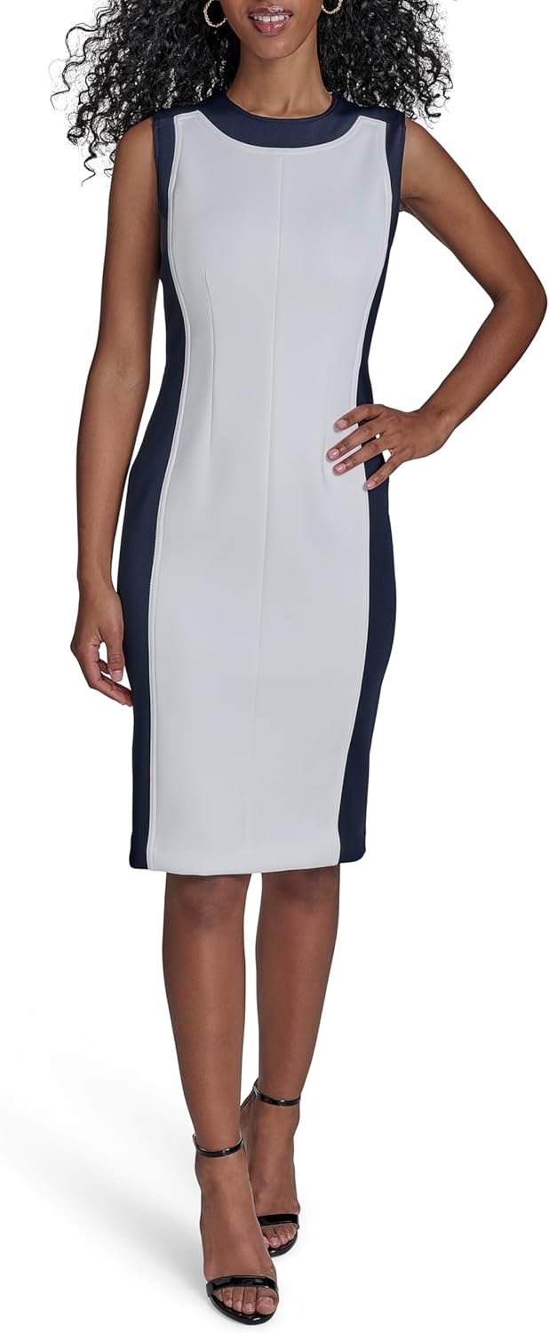 Женское платье-футляр Calvin Klein длиной до колена в стиле колорблок, White/Indigo — фото 2