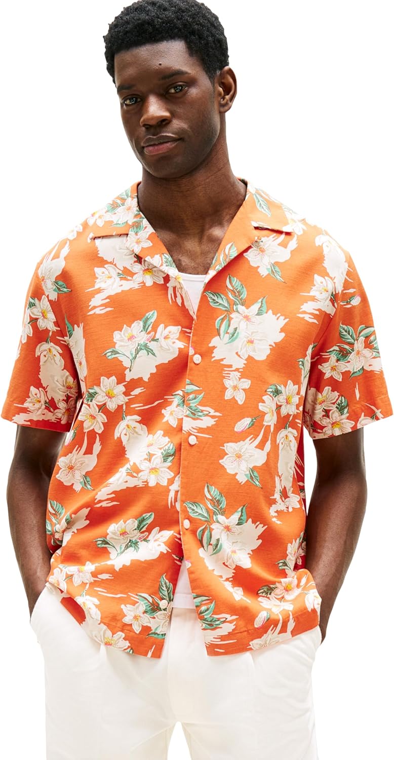 

Рубашки Tommy Hilfiger с коротким рукавом, легкие, стандартного кроя, мужские, повседневные, на пуговицах, летние, Brilliant Orange / Allover