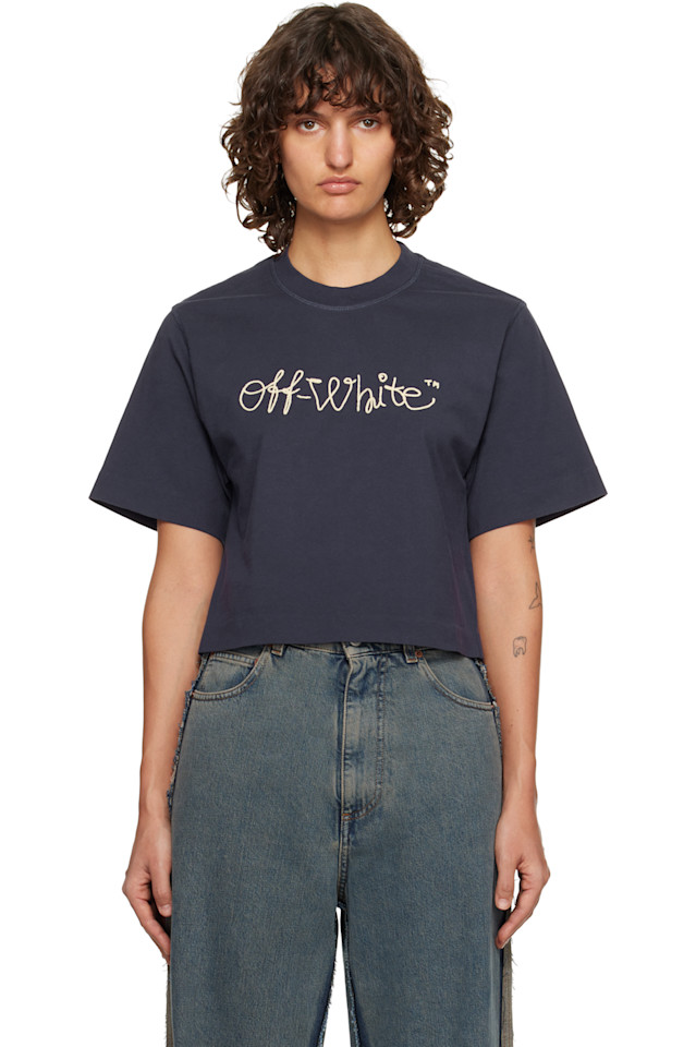 

Off-White Укороченная футболка с вышитым логотипом темно-синего цвета