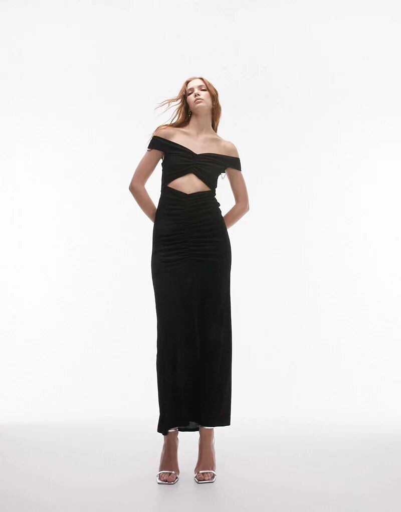 

Черное трикотажное платье миди без бретелек со сборками Topshop