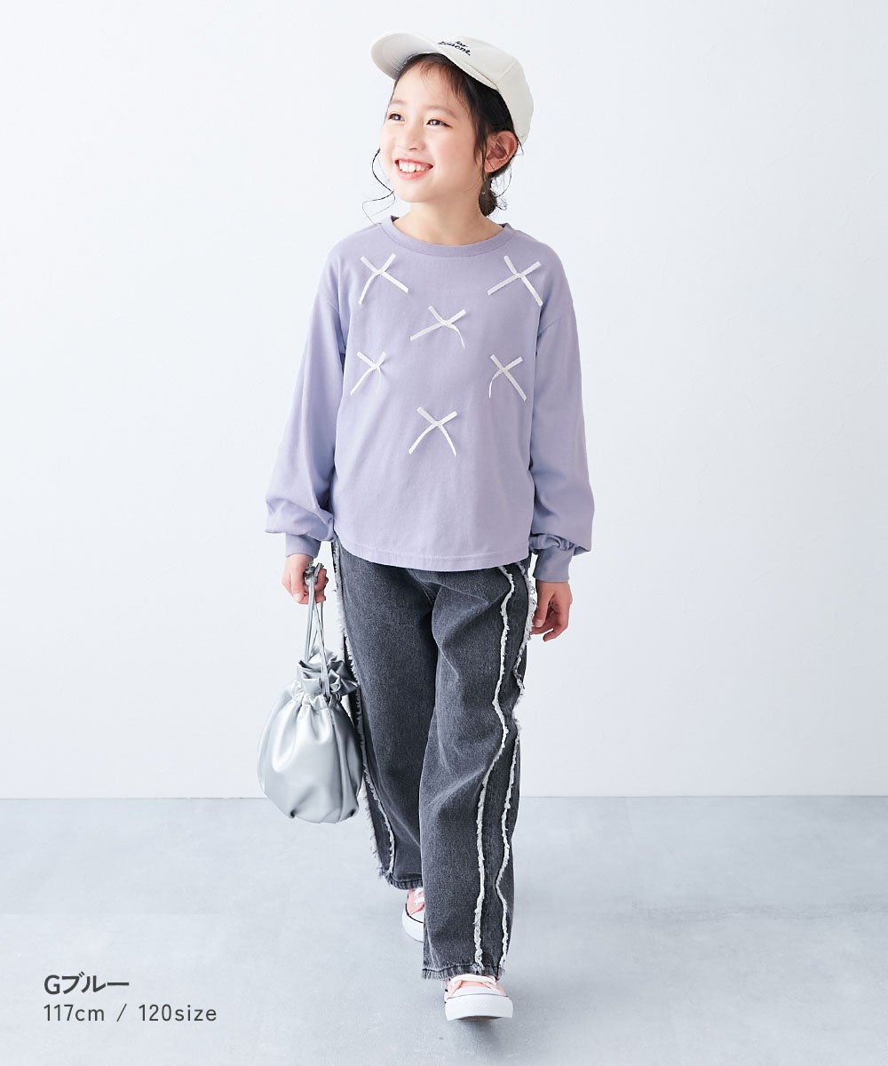 Детская футболка с длинными рукавами и закругленным низом Tokimeki Ribbon Round Hem Long Sleeve T-Shirt для девочек, размер 26SS Devirock, Heather Gray — фото 4