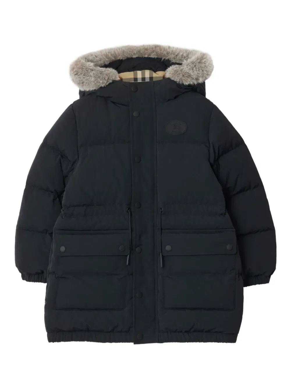 Пуховое пальто с капюшоном из искусственного меха Burberry Kids, черный