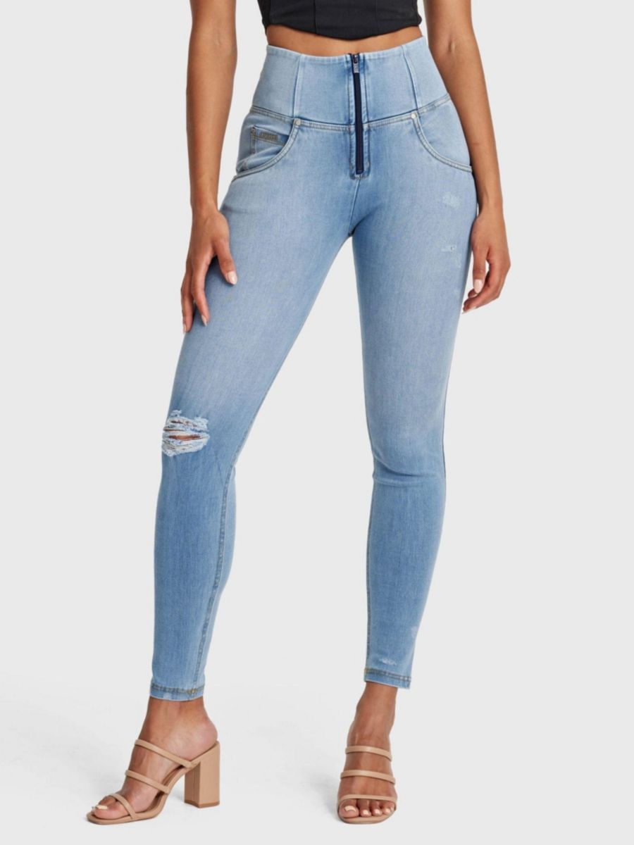 

Женские рваные джинсы с высокой посадкой и зауженными штанинами, корректирующие фигуру Freddy, Blue