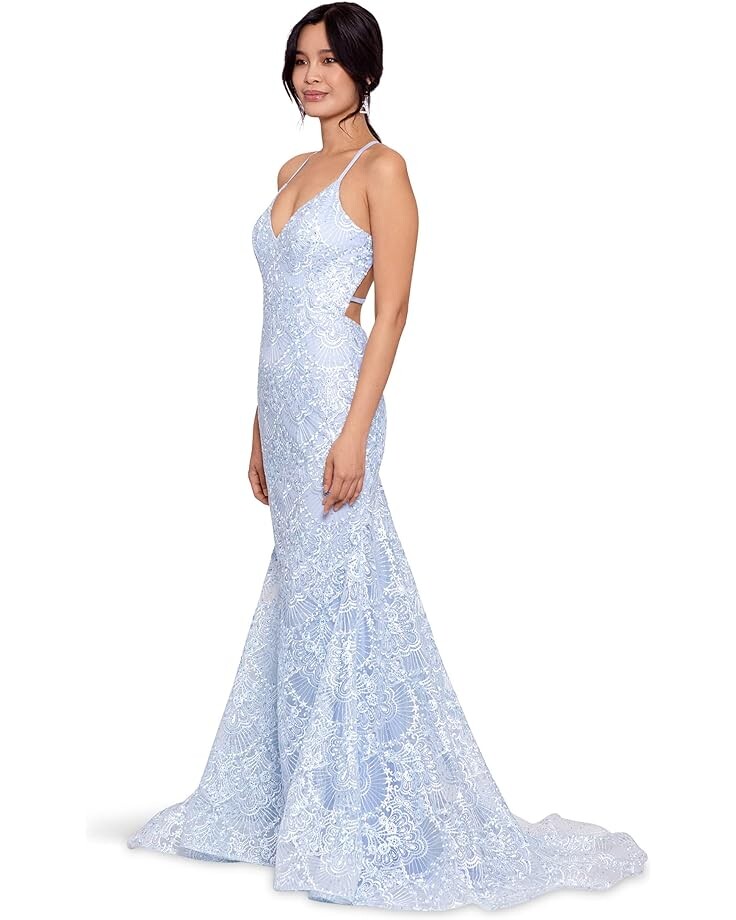 

Платье Betsy & Adam Long Mermaid Lace Gown with Stones, синий