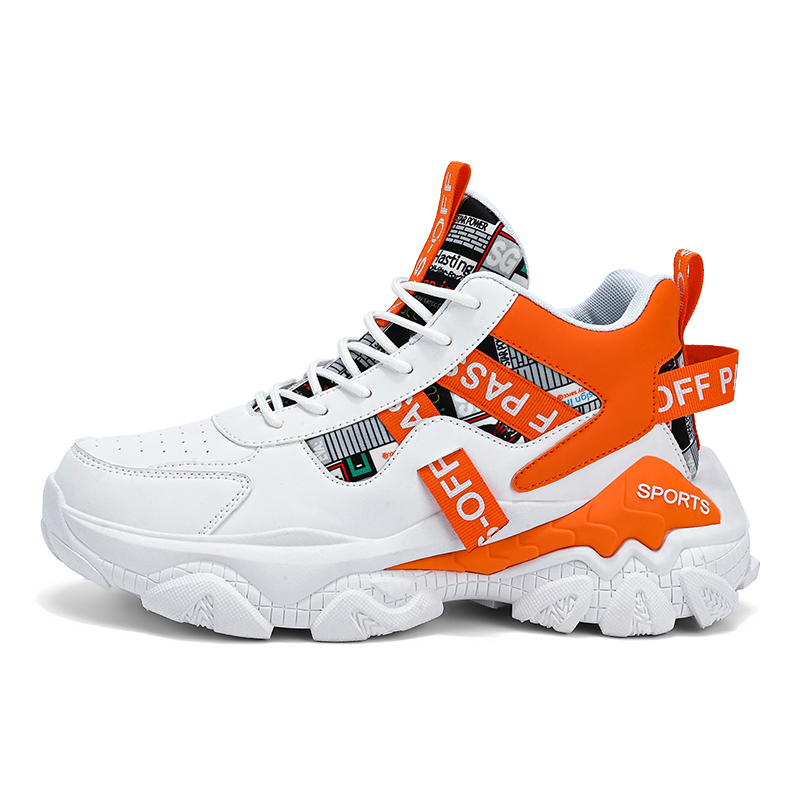 

M.M Party Амортизирующие нескользящие износостойкие легкие казуальные полувысокие туфли с увеличенной высотой мужские бело-оранжевые, цвет White Orange