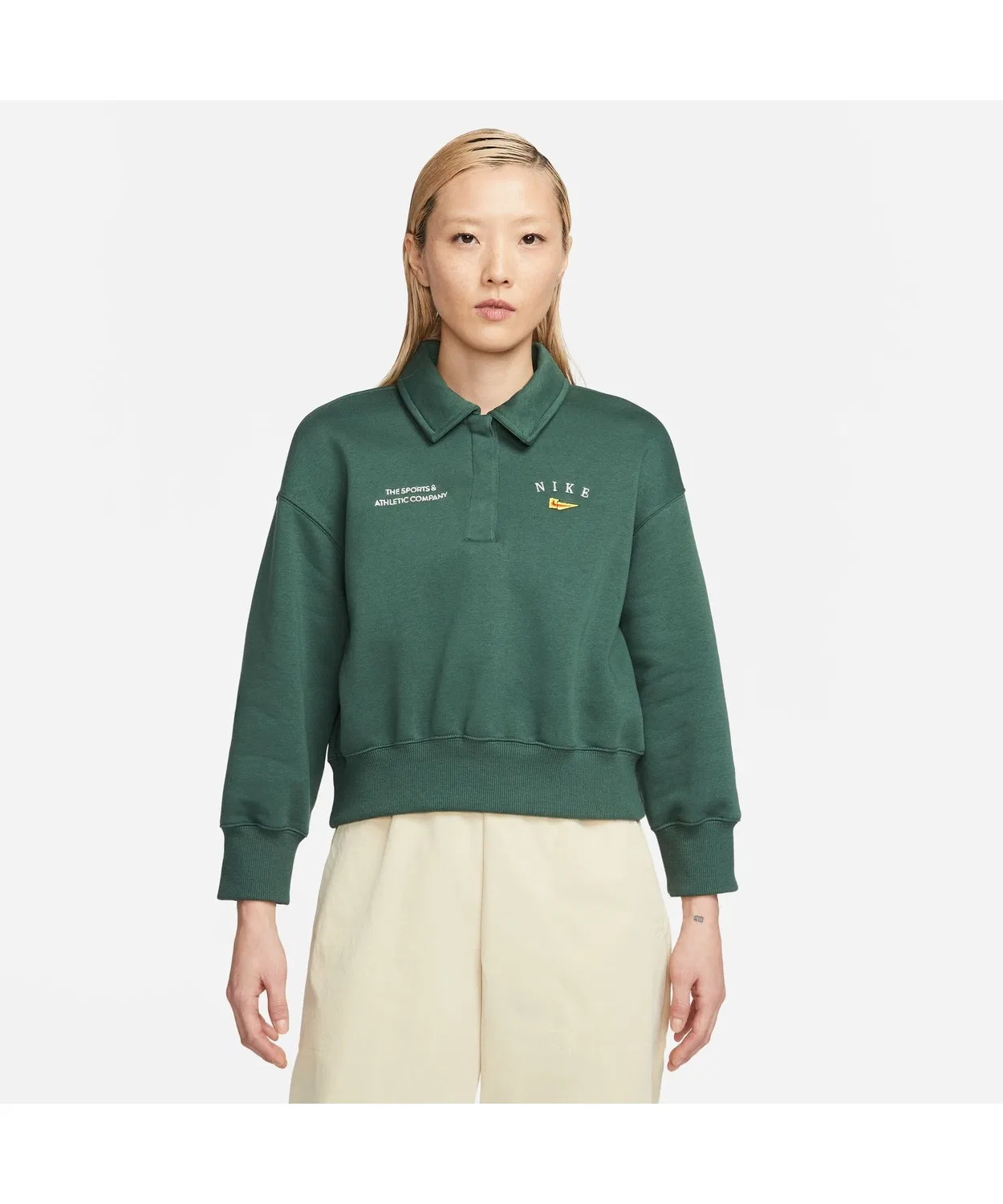 Футболка-поло Nike Sportswear Fleece Cropped длинный рукав, зелёный
