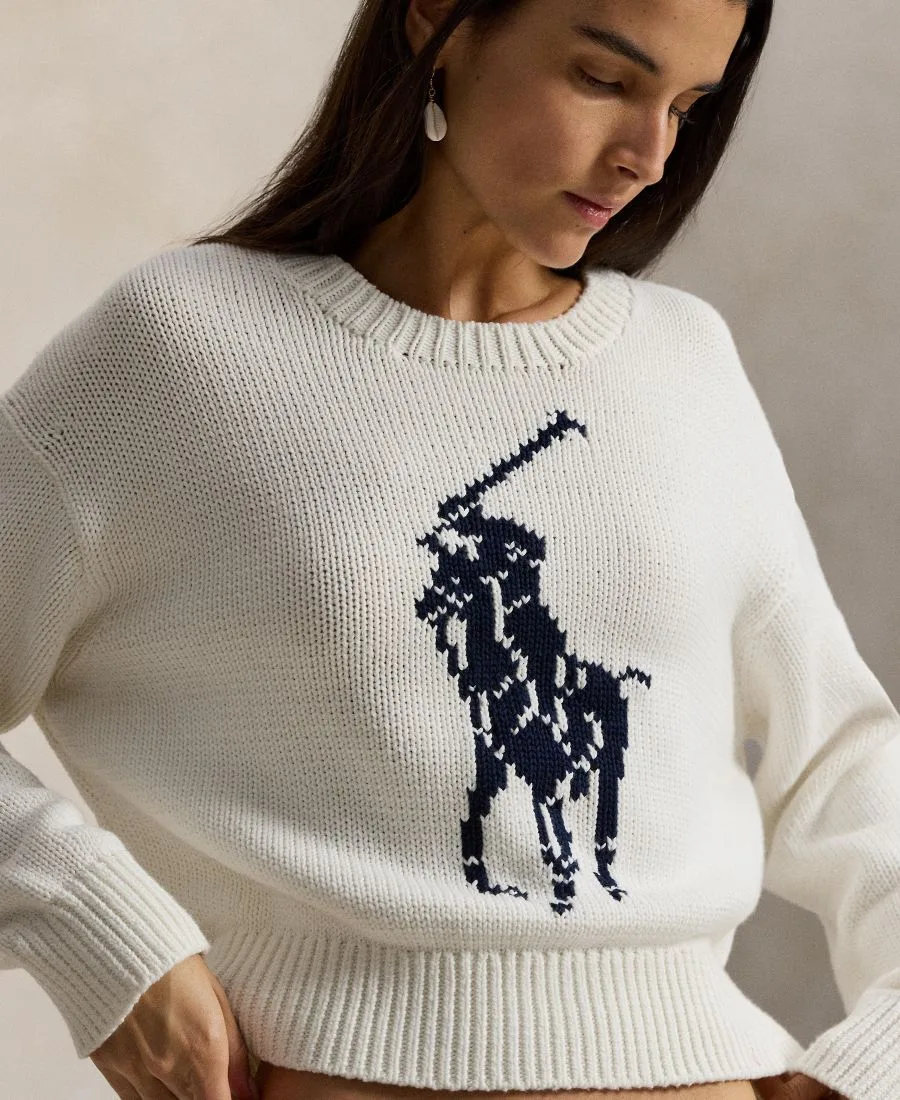Женский свитер с круглым вырезом "Большой пони" Polo Ralph Lauren, белый — фото 4