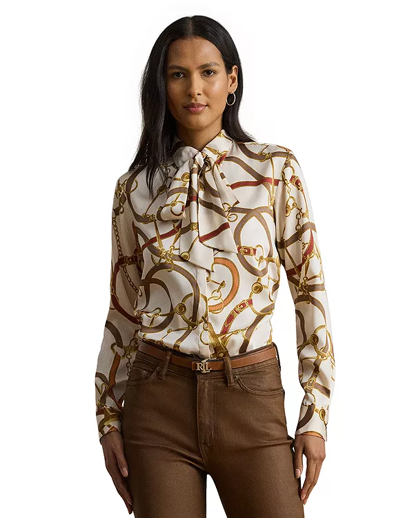 

Классическая рубашка из саржевой ткани с принтом и воротником-стойкой. Ralph Lauren, мультиколор