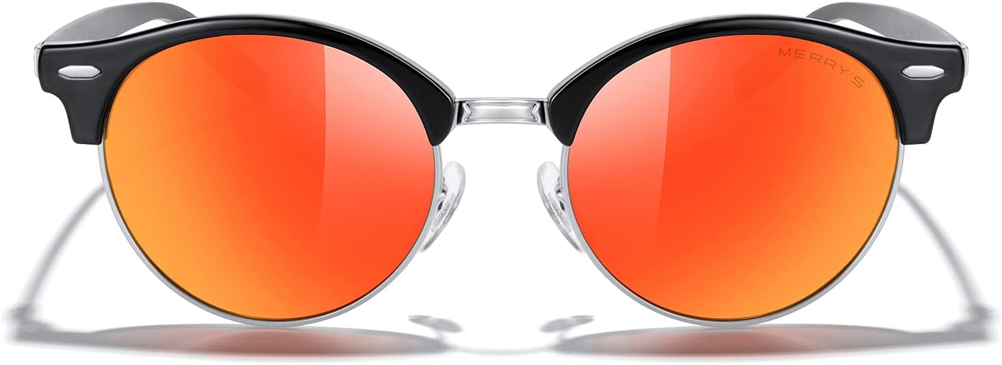 

Круглые поляризованные солнцезащитные очки MERRY для женщин и мужчин, классический ретро-стиль, полуободковая оправа, алюминиевые дужки MERRY'S, Black Frame/Silver Bridge/Red Mirror Lens